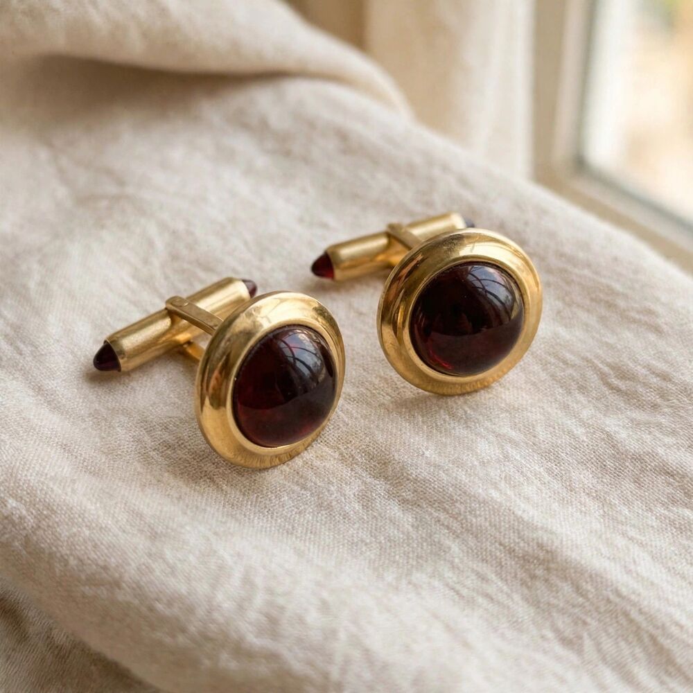 Vintage Krementz Gold Tone Red Cabochon Cufflinks Bullet Back Patented